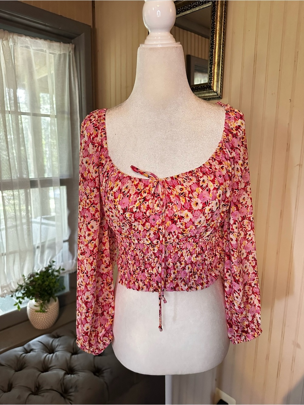 A Love Like You Floral Smocked Crop Top Womens Medium Pink Cottagecore Peasant